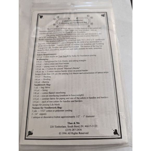Thee & Me vintage quilt pattern Carolina Morning wall hanging needlework bag - Picture 2 of 2